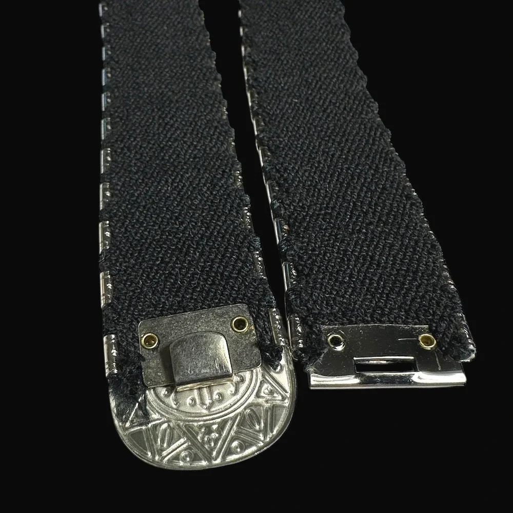 Womens‎ Ornate Coin Belt Elastic Band Silver Tone Statement Accent Vintage